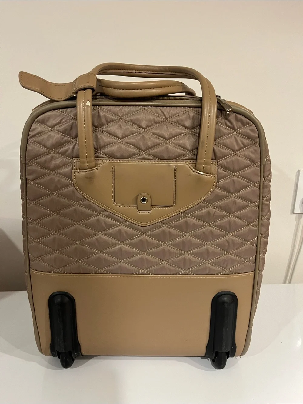 Quilted Travel Tote in Taupe with Tan Trim